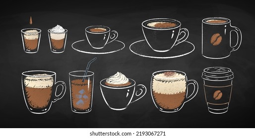 Collection of coffee cups isolated on black chalkboard background. Vector chalk drawn sideview grunge illustrations.