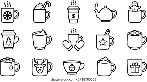 Una colección de tazas y tazas de café con varios diseños y vapor subiendo, presentado en un diseño de cuadrícula.