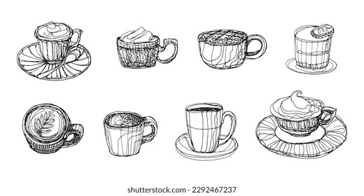 Collection of coffee cups outline drawing isolated on white background, cafe beverage illustration clipart, ink doodle sketch vector graphic element, coffee mug, cafe menu stylize outline drawing icon