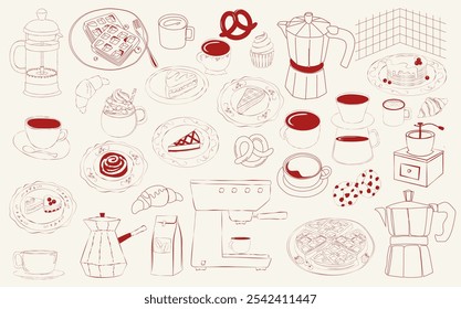 Coleção de café e desertos ilustração. Esquema de comida e bebida. Ilustração estética do café. Vetor editável.