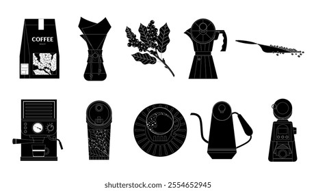 A collection of coffee design element isolated on white background, coffee time modern minimalist decoration vector illustration.monochrome style.