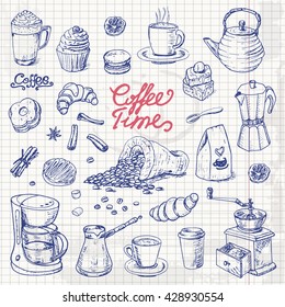 Collection of coffee doodle elements for cafe menu, fliers, chalkboard on a paper sheet. Vector illustration for your design