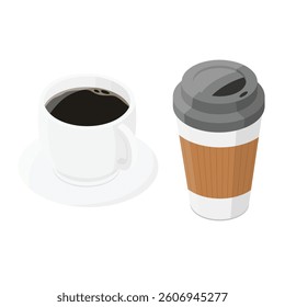 Collection of coffee drinks. Coffee cup and takeaway disposable plastic coffee cup isolated on white background. Vector illustration