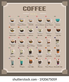 A collection of coffee and coffee drinks from different countries of the world with their flags. Cafeteria and coffee shop menus.coffee card. 