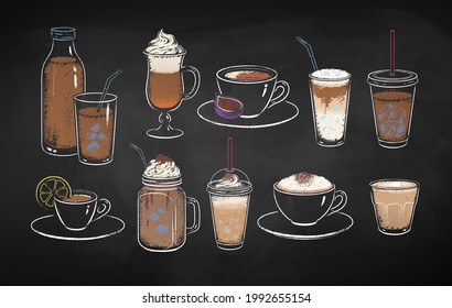 Collection of coffee drinks isolated on black chalkboard background. Vector chalk drawn sideview grunge illustrations.