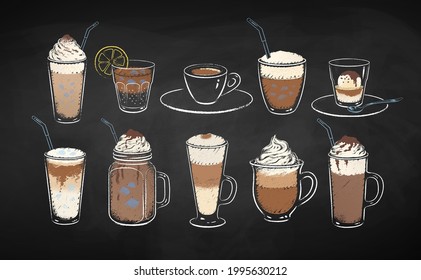 Collection of coffee drinks isolated on black chalkboard background. Vector chalk drawn sideview grunge illustrations.
