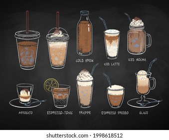 Collection of coffee drinks isolated on black chalkboard background. Vector chalk drawn sideview grunge illustrations.