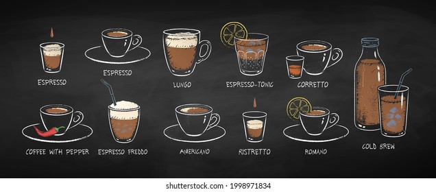 Collection of coffee drinks isolated on black chalkboard background. Vector chalk drawn sideview grunge illustrations.