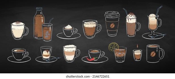 Collection of coffee drinks isolated on black chalkboard background. Vector chalk drawn sideview grunge illustrations.