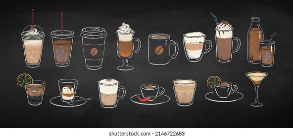 Colección de bebidas de café aisladas en el fondo negro de la pizarra. Ilustraciones de grunge con tiza vectorial dibujadas con sideview.