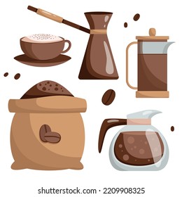 Collection of coffee elements on white background. Vector coffee set in flat style. Cappuccino, kettle, coffee bag