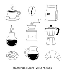 Coleção de elementos de café em estilo simples doodle