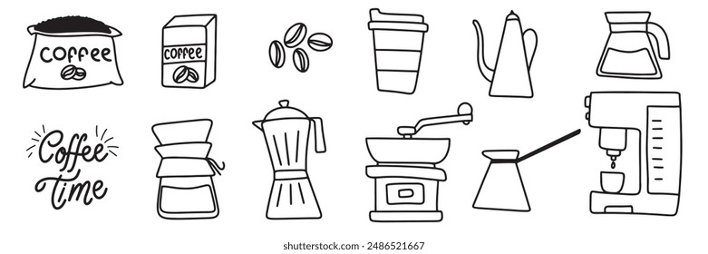 Collection of coffee equipment in doodle style. Hand drawn vector art.