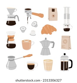 Recogida de equipos de café para métodos de fabricación manual de camisas vectoriales aisladas. Ilustraciones dibujadas a mano para una cafetería. Diferentes tipos de tazas de café, vertidos, prensa francesa, aeropress, sifón.