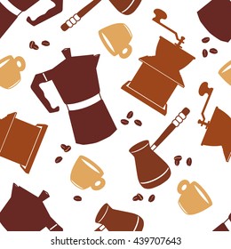 Collection of coffee equipment, seamless pattern. Hand drawn icon set. Doodle background with sketch objects 