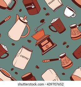 Collection of coffee equipment, seamless pattern. Hand drawn icon set. Doodle background with sketch objects 