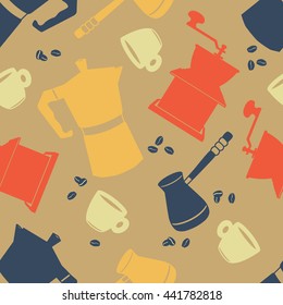 Collection of coffee equipment, seamless pattern. Hand drawn icon set. Doodle background with sketch objects. Coffee backdrop