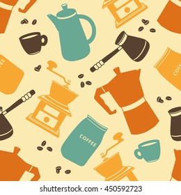 Collection of coffee equipment, seamless pattern. Hand drawn icon set. Doodle background with sketch objects 
