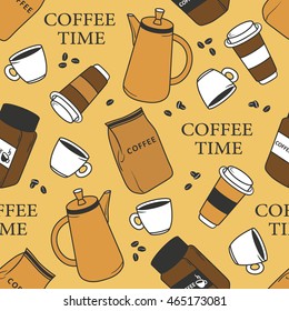 Collection of coffee equipment, seamless pattern. Hand drawn backdrop with icon set. Doodle background with sketch objects 