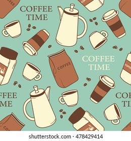 Collection of coffee equipment, seamless pattern vector. Hand drawn backdrop with icon set. Doodle background with sketch objects, coffee time