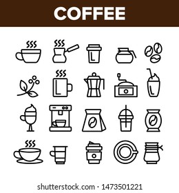 Collection Coffee Equipment Sign Icons Set Vector Thin Line. Coffee And Latte Cup, Beverage Machine And Brewing Pot Linear Pictograms. Morning Energetic Drink Monochrome Contour Illustrations