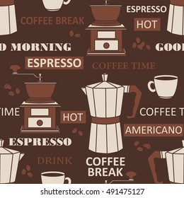 Collection of coffee equipment and text, seamless pattern vector. Hand drawn backdrop with brown icon set. Doodle background with sketch objects, coffee time. Good for printing for cafe