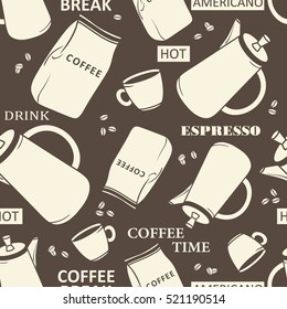 Collection of coffee equipment and text, seamless pattern vector. Hand drawn backdrop with icons set. Background with sketch objects, coffee time. Decorative wallpaper, good for printing for cafe