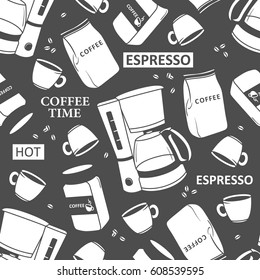 Collection of coffee equipment and text, seamless pattern vector. Black and white backdrop with hand drawn objects. Design background, coffee time. Decorative wallpaper, good for printing for cafe