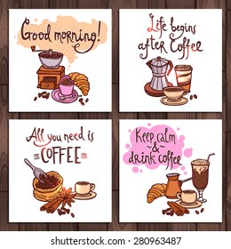 Collection Of Coffee Hand Drawn Poster With Lettering. Four Hand Drawn Illustration With Coffee Cups And Coffee Accessories And With Typography On Wooden Background