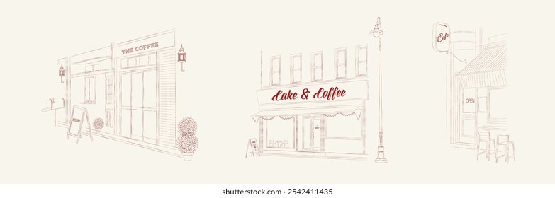 Coleção de Casas de Café em estilo de esboço. Projeto de fachada da loja. Ilustração de arte de linha. Vetor