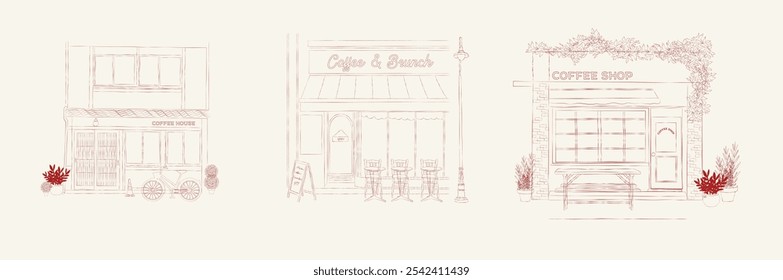 Collection of Coffee Houses in sketch style. Shop facade design. Line art illustration. Vector