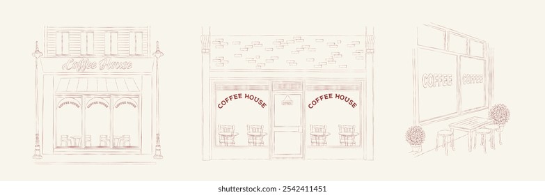 Collection of Coffee Houses in sketch style. Shop facade design. Line art illustration. Vector