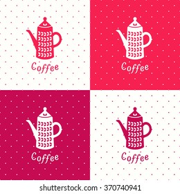 Collection of coffee icons with coffee pot and Coffee hand lettering on polka dot seamless backgrounds. Vector illustration 
