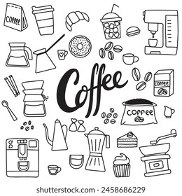 Collection of coffee icons set in doodle style. Hand drawn vector art.