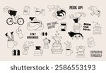 Collection of coffee illustrations and icons. Cafe and coffeeshop design. Concept characters with coffee mugs and utensils. Modern minimalist flat vector art. Perfect for coffee stores, prints