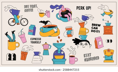 Collection of coffee illustrations and icons. Cafe and coffeeshop design. Concept characters with coffee mugs and utensils. Modern minimalist flat vector art. Perfect for coffee stores, prints