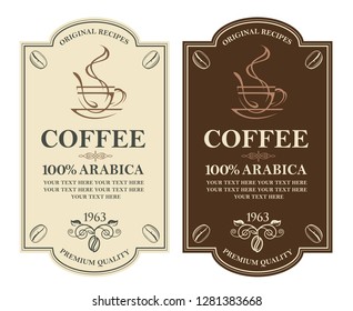 Sammlung von Kaffeeeeetiketten mit Ast, Bohnen und Tasse
