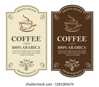 collection of coffee labels with branch, beans and cup