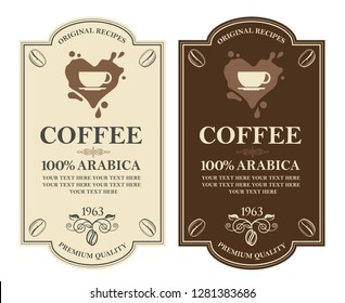 collection of coffee labels with branch, beans and cup