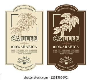 collection of coffee labels with branch, beans and cup