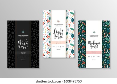 Collection of coffee labels, roast varieties, pre-made design for packaging, set of vector templates for coffee brand. Handwritten lettering, colorful abstract doodle illustrations of leaves and berry