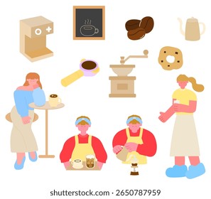 coleção de ilustrações estilo de vida de café com mulher, barista e itens de café