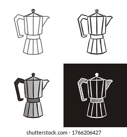 A collection of coffee maker in different styles: doodle, contour, chalk. Sets of Hand-drawn moka pot icon. Vector illustration for cafe, restaurant, menu.
