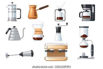 Collection of coffee maker items modern and retro equipment for coffee brewing vector illustration isolated on white background