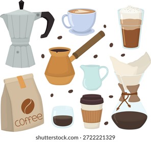 Collection with coffee makers and drinks. Moka pot, cup, cezve, pour-over carafe, takeaway cup, espresso glass, coffee bean package, latte and milk jug