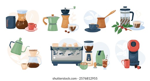 Collection of coffee making tools and espresso cup, coffee machine, cezve, grinder, french press Flat vector design brewing equipment for menus cafes or coffee shop Elegant set of coffee variety items