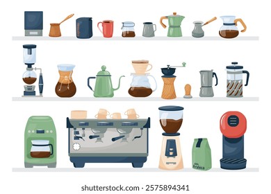 Collection of coffee making tools and ingredients, coffee machine, cezve, grinder, french press Flat vector design brewing equipment for menus, cafes or coffee shop Elegant set of coffee variety items