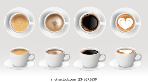 Sammlung von Kaffee, Kaffeebeutel, viele Stufen der Intensität mit cremefarbener Dekoration und ohne Dekoration Die Draufsicht und die Front sind leicht schräg. Vektorgrafik.