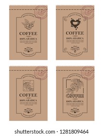 collection of coffee packaging with branch, beans and cup