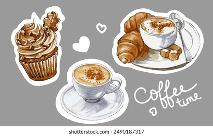 A collection of coffee and pastry sticker collection. Tasty croissant, cupcake, a cup of coffee. Delicious breakfast meal menu flat vector illustration. EPS 10.